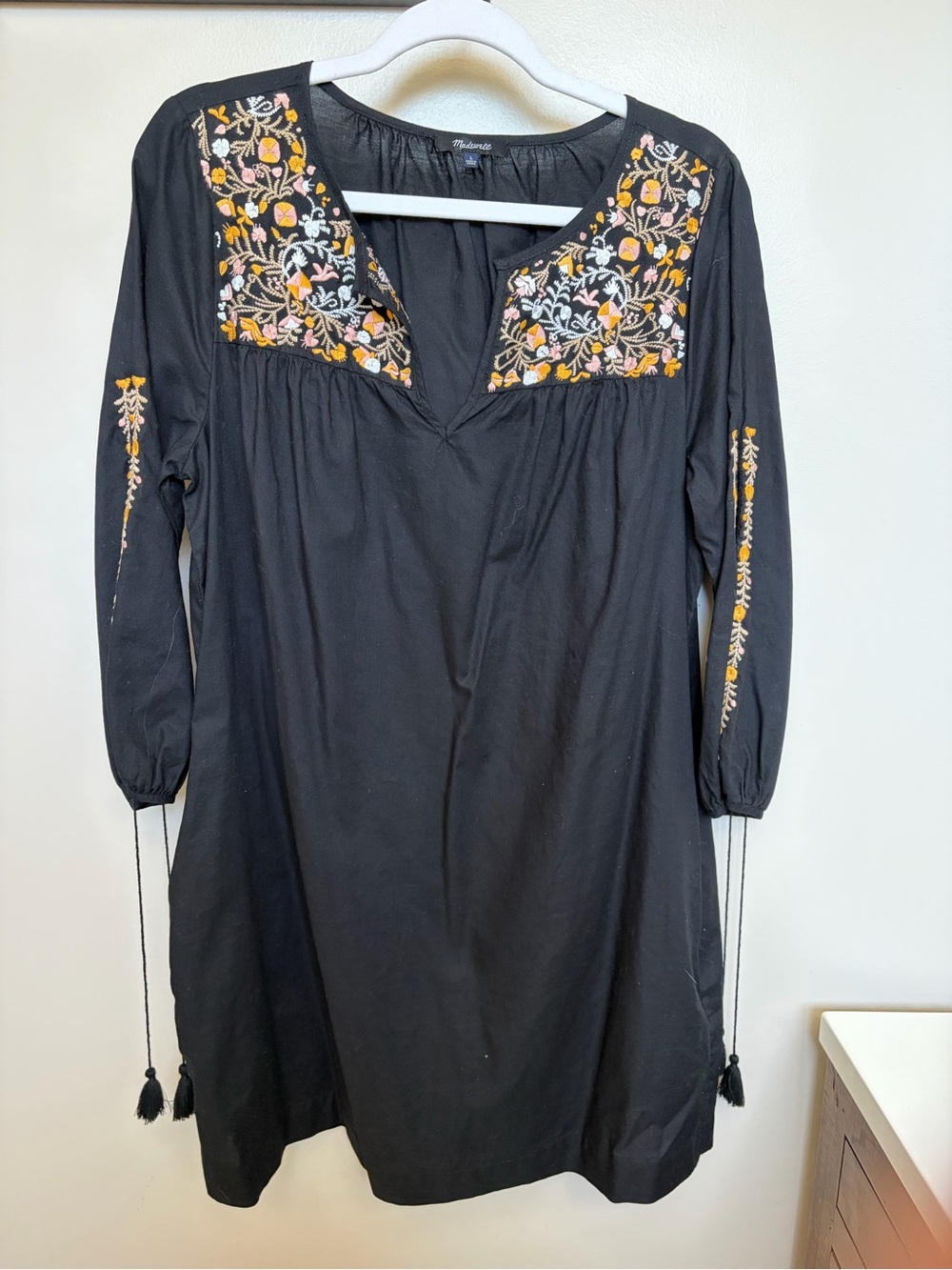 Madewell Black Long-Sleeve Tunic Dress with Yellow & Pink Floral Embroidery